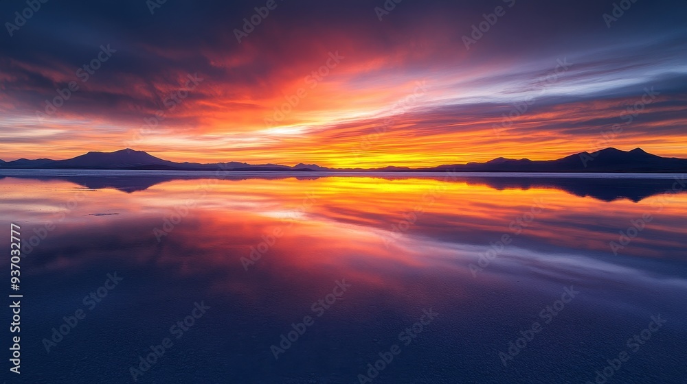 Dramatic Sunset Over Mountain Range Reflected in Still Water of Salt Flats Dramatic Sunset Over Mountain Range Reflected in Still Water of Salt Flats