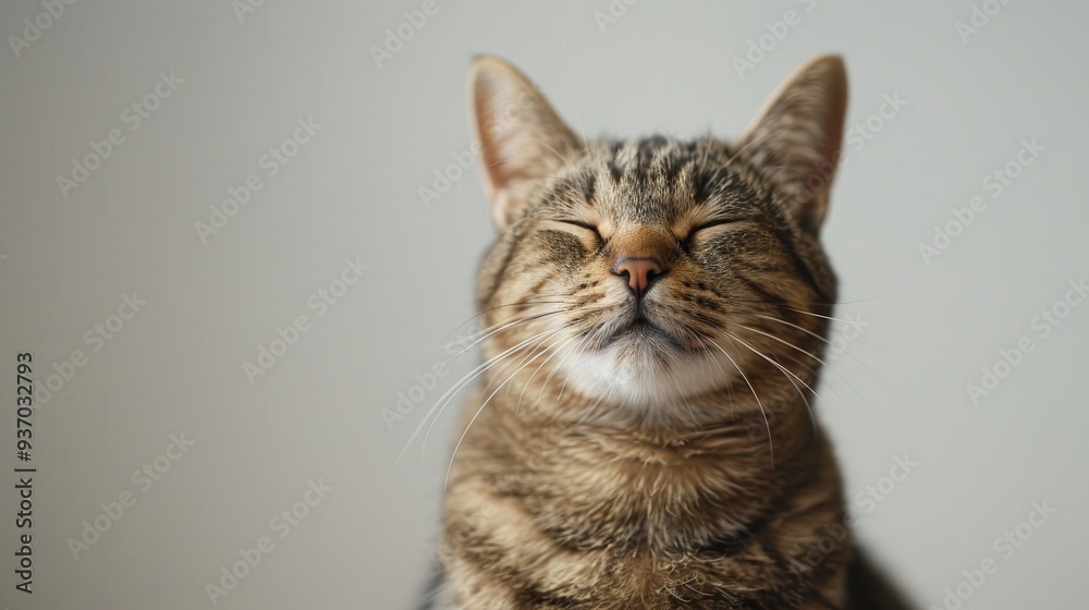 Peaceful Tabby Cat with Closed Eyes Relaxing Against a Soft Background, Capturing a Moment of Tranquility and Contentment in a Minimalistic Setting Peaceful Tabby Cat with Closed Eyes Relaxing Against a Soft Background, Capturing a Moment of Tranquility and Contentment in a Minimalistic Setting