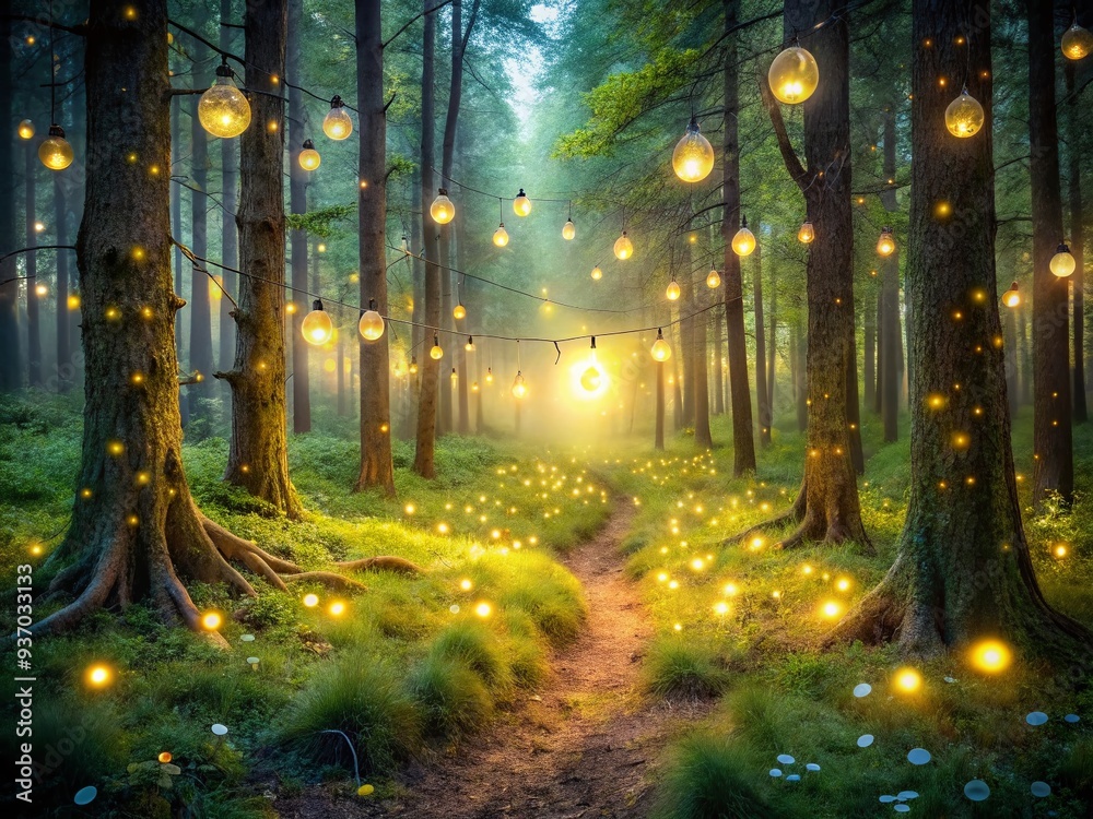 Whimsical Enchanted Forest with Sparkling Fireflies and Twinkling String Lights Whimsical Enchanted Forest with Sparkling Fireflies and Twinkling String Lights