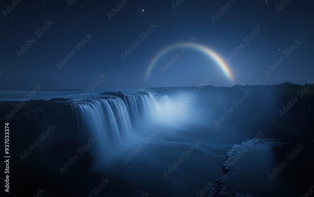 Majestic Waterfall Under a Night Sky with a Rainbow - Stunning Nature Photography. Majestic Waterfall Under a Night Sky with a Rainbow - Stunning Nature Photography.