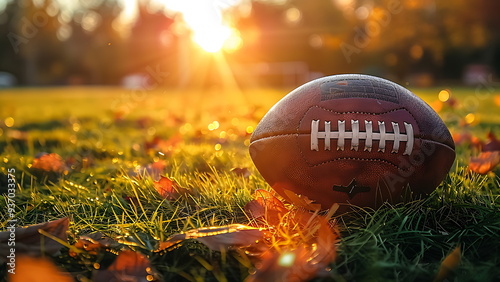 A football on green grass with autumn leaves.