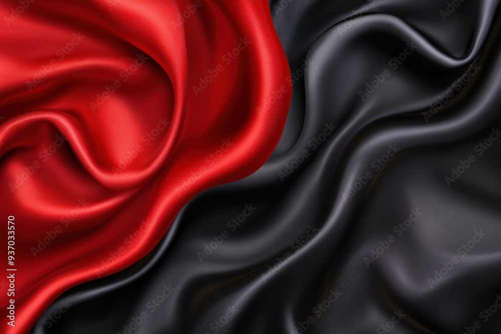 Obraz premium Red and black silk satin fabric background with drapery, closeup. Abstract background