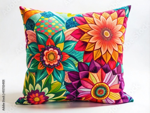 vibrant abstract floral pattern covering geometric-shaped decorative pillow, bold colors, graphic shapes, modern style, energy