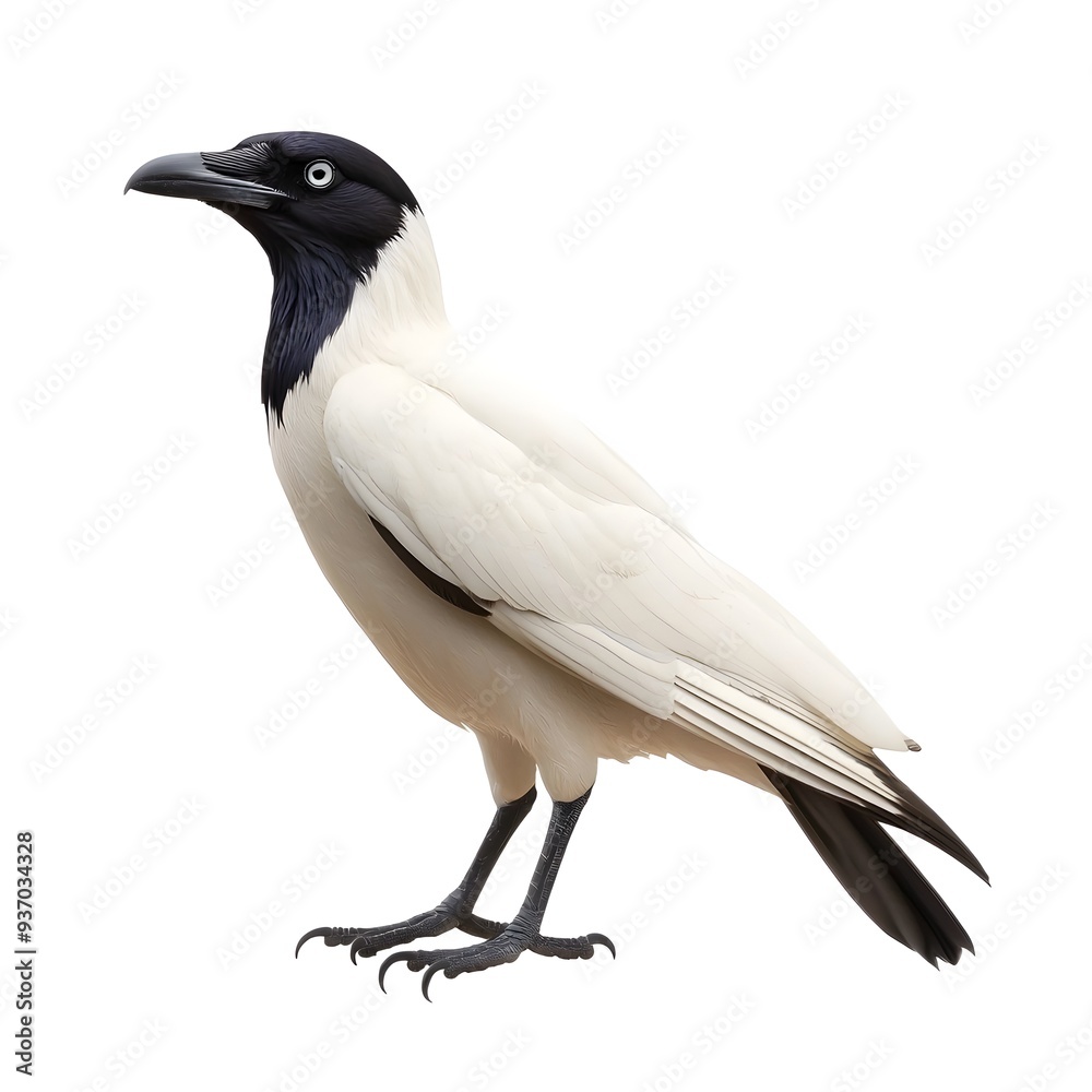 Fototapeta premium Striking Monochrome Portrait of a Perched Corvid Bird on Isolated White Background