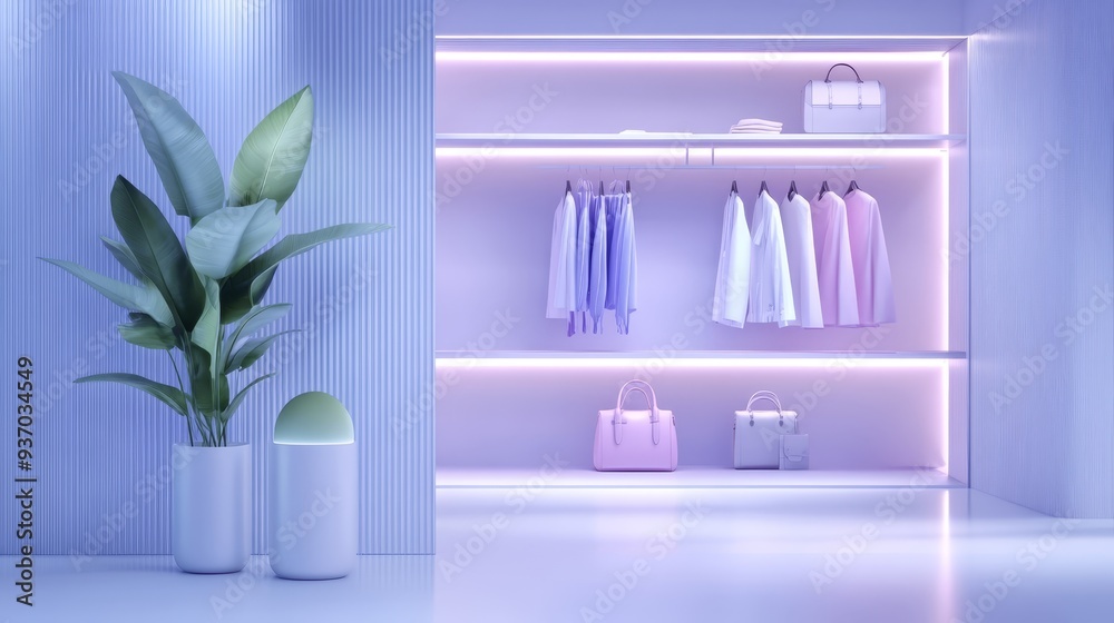 Minimalist Purple Closet Interior with Clothing and Bags