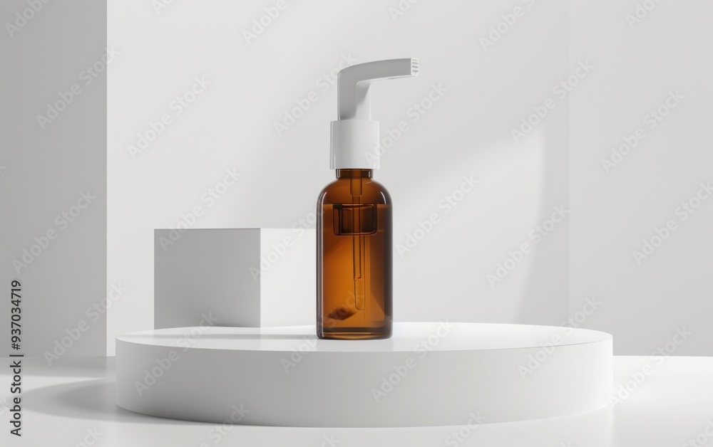 Amber glass bottle on white geometric podium. Product display and minimalist design concept. Amber glass bottle on white geometric podium. Product display and minimalist design concept.