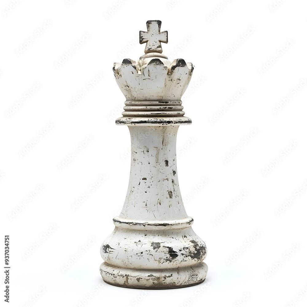 Weathered Chess King Figure Commanding Strategic Battle on White