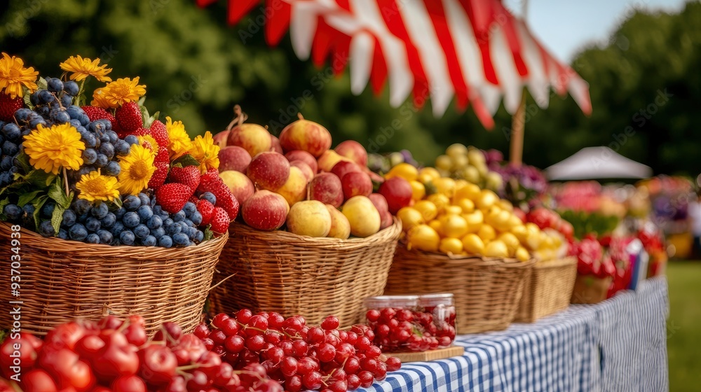 Fresh Fruit and Berries on Display at a Market Stall Fresh Fruit and Berries on Display at a Market Stall
