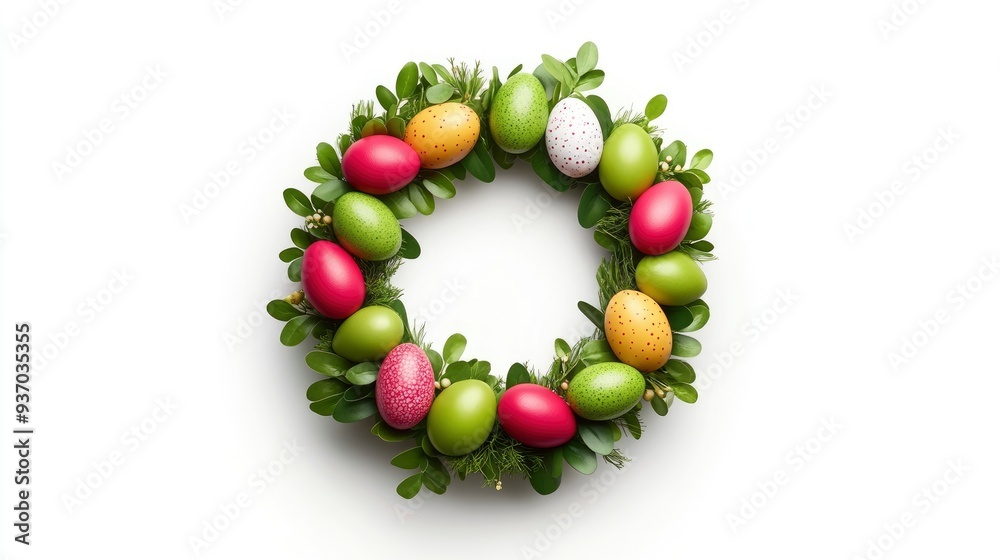 Obraz premium Easter Egg Wreath with Green Leaves