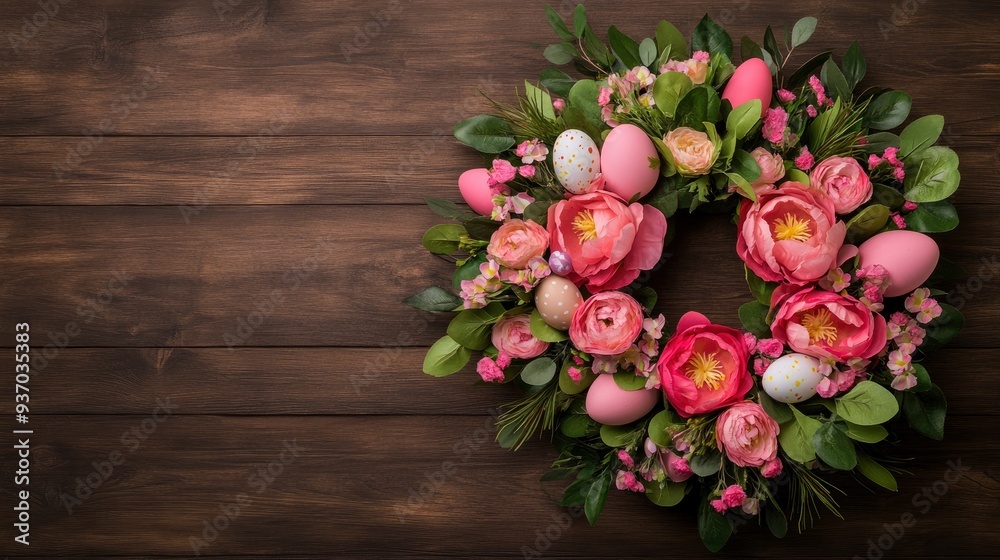 Easter Wreath with Pink Flowers and Eggs on Rustic Wooden Background Easter Wreath with Pink Flowers and Eggs on Rustic Wooden Background