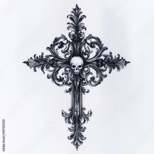 Ornate cross design featuring intricate patterns and a skull motif.