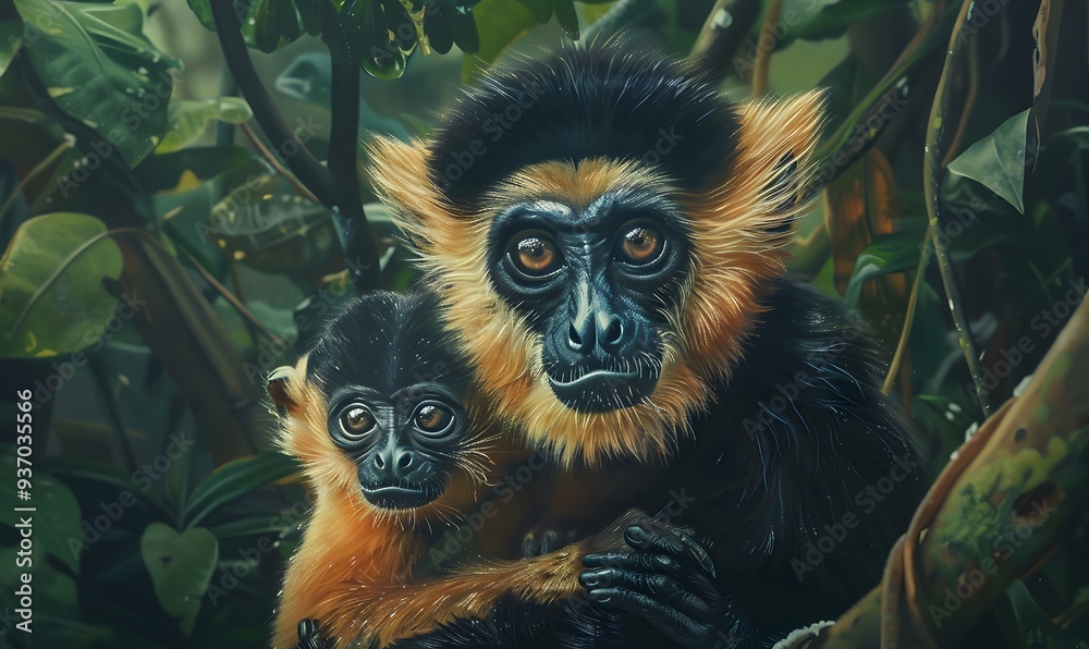 close image of Yellow Cheeked Gibbon monkey (Nomascus Gabriallae) mother with child in the forest. close image of Yellow Cheeked Gibbon monkey (Nomascus Gabriallae) mother with child in the forest.