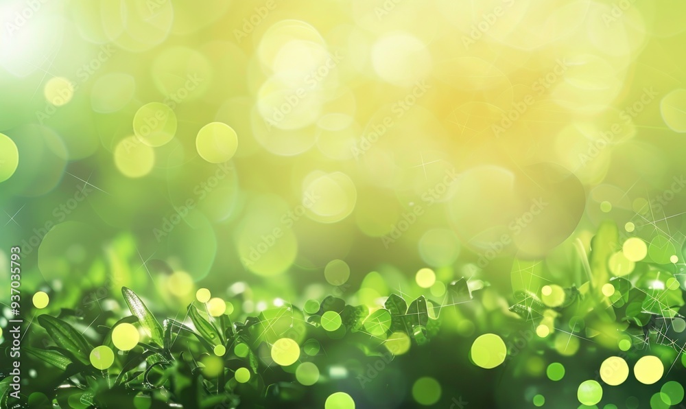 Obraz premium Green plants with bokeh light effect on a bright yellow-green background. Spring and nature concept.