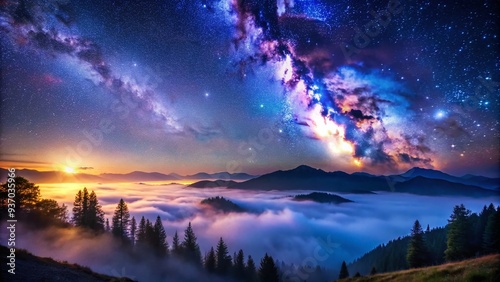 stunning celestial nightscape starry MilkyWay galaxy vibrant colors deepblues purples atmospheric misty fog serene peaceful silence contemplative mood photo