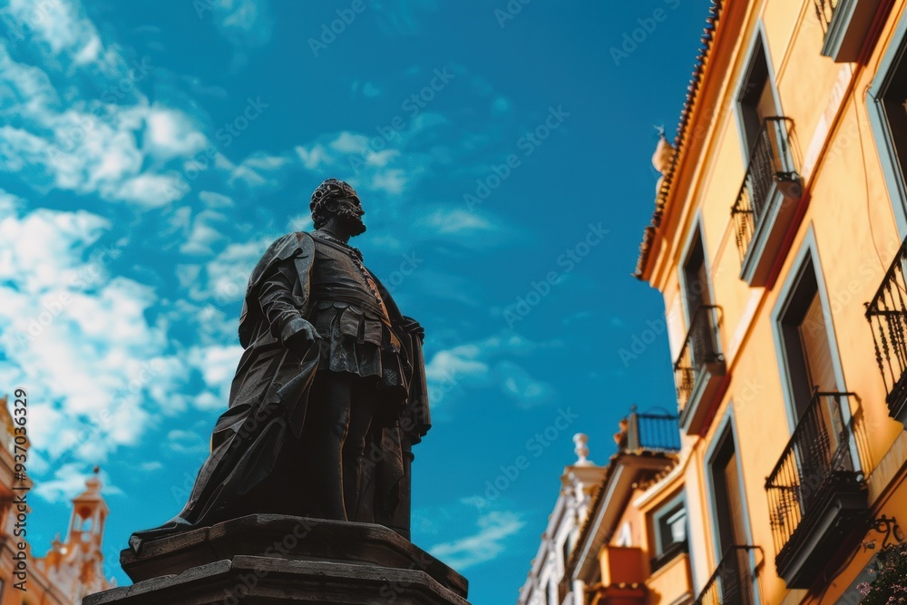 Fototapeta premium Silhouette of an old statue in the center with buildings behind it, blue sky, travel photography