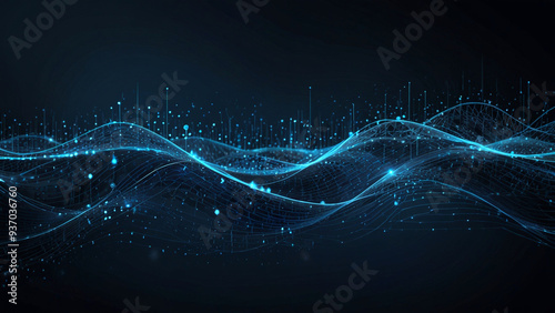 Obraz na płótnie Abstract blue tech background with digital waves cyber quantum computing and electronic global intelligence w salonie