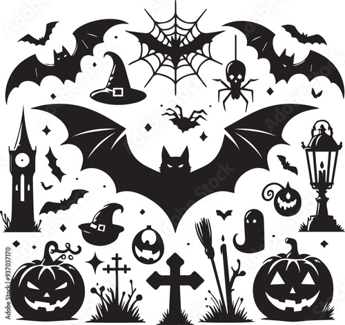 halloween bat vector, Halloween bat silhouette on white background, Halloween black bat icon,