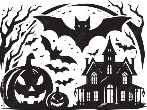 halloween bat vector, Halloween bat silhouette on white background, Halloween black bat icon,