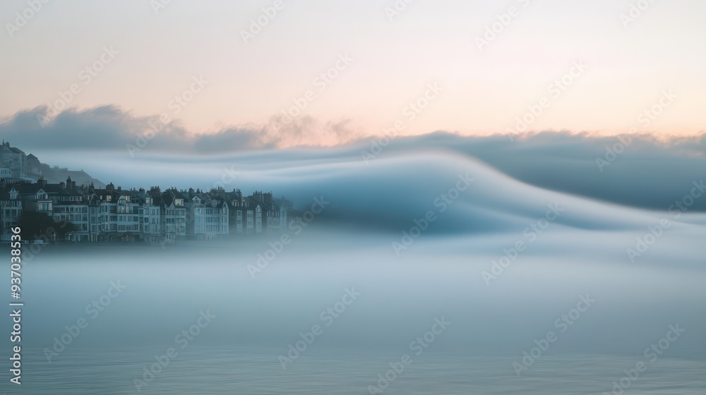 Obraz premium Coastal Town Disappears in a Sea of Fog at Sunrise.