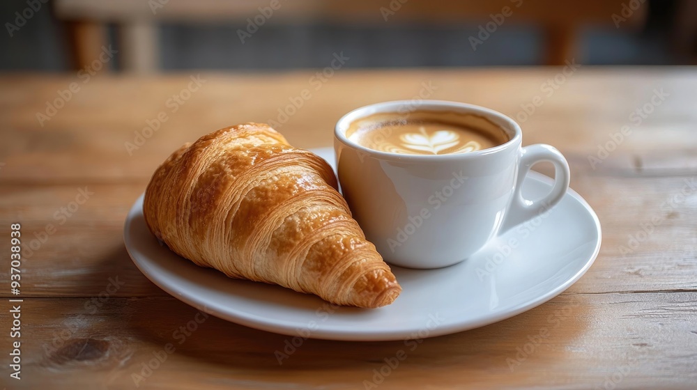 A cup of coffee and a croissant on a white plate, placed on a wooden table for a classic coffee break. A cup of coffee and a croissant on a white plate, placed on a wooden table for a classic coffee break.
