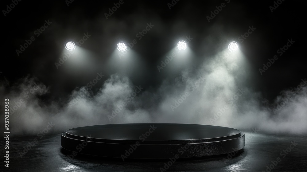 Obraz premium Black Round Podium with Smoke and Spotlights - Product Display Stand Mockup.