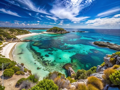 breathtaking panoramic view Rottnest Island crystal-clear turquoise waters white sandy beaches idyllic atmosphere slow shutter speed low ISO sharp focus wide-angle lens