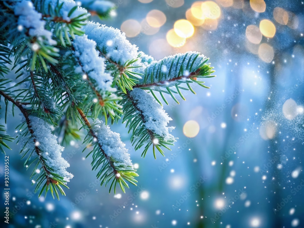 Frosty evergreen branches snowflakes gently falling soft focus subtle bokeh winter wonderland peaceful atmosphere pure white simplicity serene mood Frosty evergreen branches snowflakes gently falling soft focus subtle bokeh winter wonderland peaceful atmosphere pure white simplicity serene mood