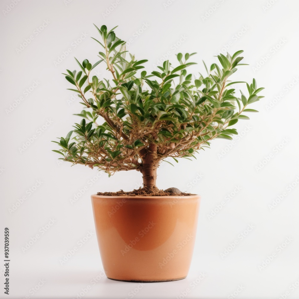 Fototapeta premium Healthy Green Bonsai Plant in Ceramic Pot on White Background - Ideal for Indoor Gardening and Decor
