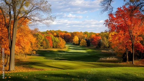 A golf course surrounded by autumn trees with vibrant fall colors, creating a picturesque setting