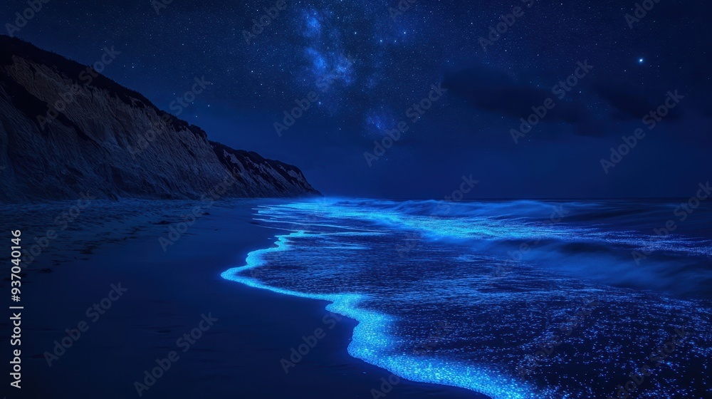 Bioluminescent Waves Crashing on the Shore at Night with Milky Way in the Sky Bioluminescent Waves Crashing on the Shore at Night with Milky Way in the Sky