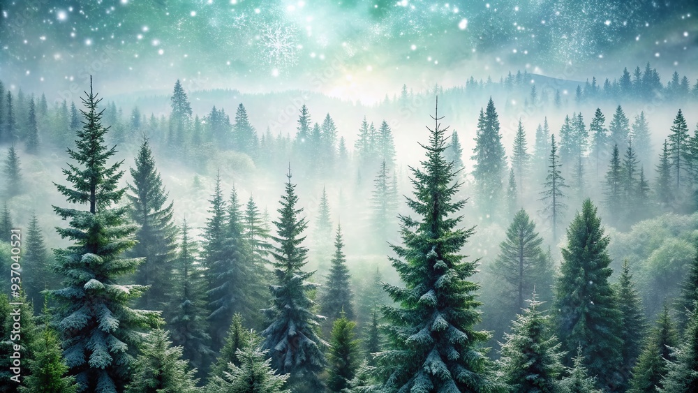 Fototapeta premium Serene evergreen forest snowflakes falling gently soft focus foggy atmosphere monochrome tones peaceful mood silence misty morning winter solitude