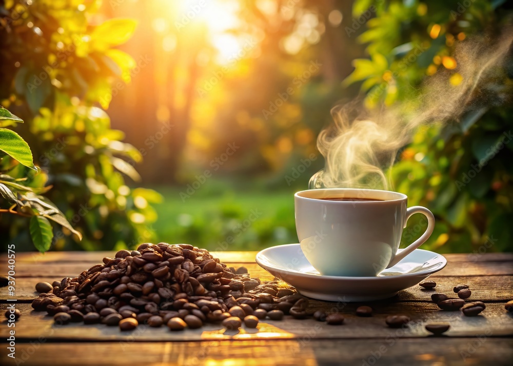 Soft, whimsical morning scene with a delicate, ceramic coffee cup, adorned with steam, nestled among a bed of crisp, fresh coffee beans, basking in warm morning sunlight. Soft, whimsical morning scene with a delicate, ceramic coffee cup, adorned with steam, nestled among a bed of crisp, fresh coffee beans, basking in warm morning sunlight.