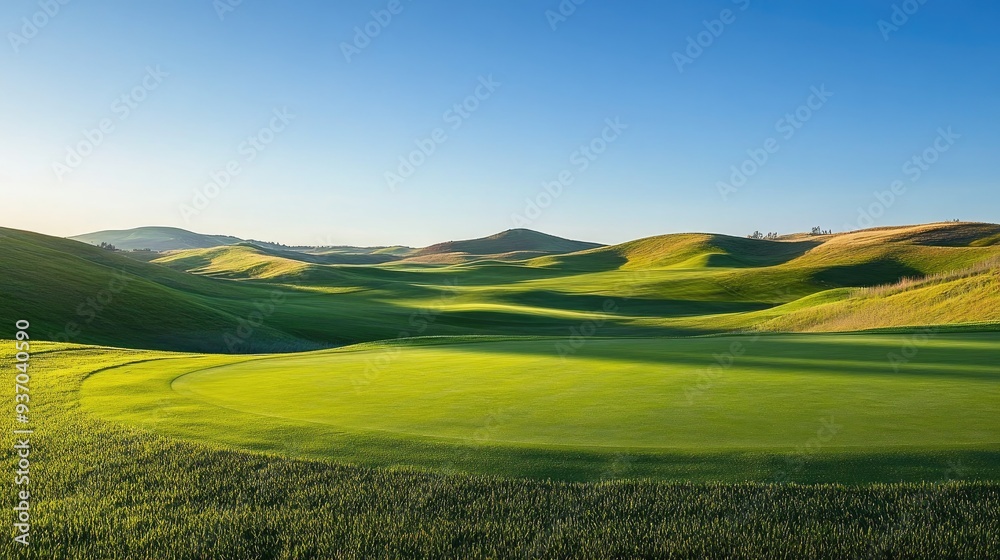 Fototapeta premium A golf course with rolling hills and a clear blue sky, symbolizing a perfect day for golf