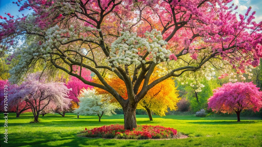 Naklejka premium Vibrant blooming tree in full blossom with colorful flowers in a spring garden