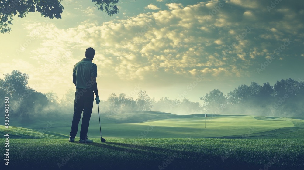 Obraz premium A golfer holding a club and looking out over the course, planning their next move -