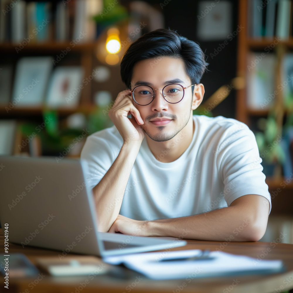 Young Asian Man Focused on Studying at Home Young Asian Man Focused on Studying at Home