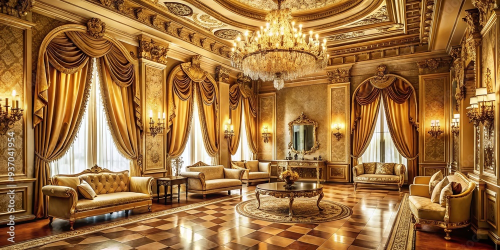 Obraz premium opulent diamond inlays on richly textured gold wallpaper with lavish drapery and sumptuous lighting for regal opulence