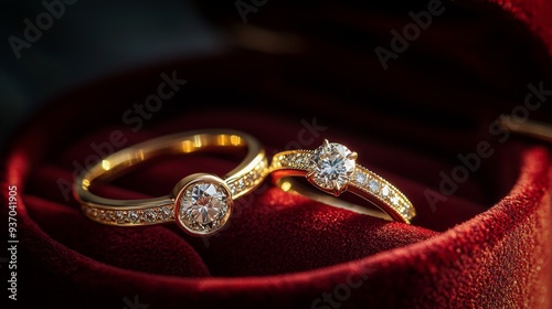 Two gold wedding rings with sparkling diamonds, beautifully arranged in an open red suede jewelry box, the soft suede texture providing a luxurious background, the shine of the gold and diamonds