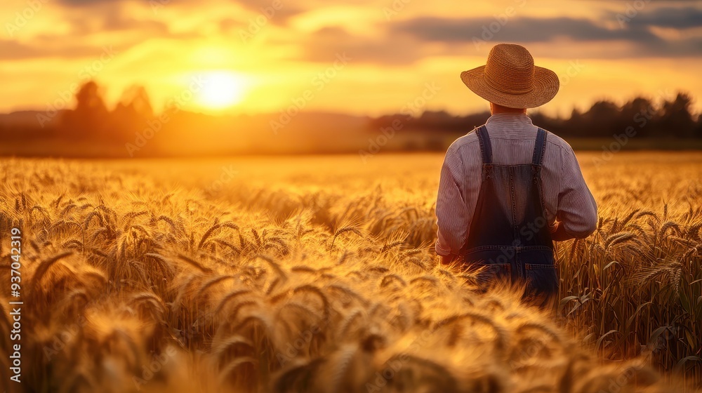 Fototapeta premium Farmer Admiring Golden Wheat Field at Sunset - Rural Idyll, Agriculture, Harvest