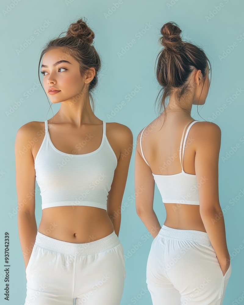 Attractive Young Woman in White Tank Top and Pants - Front and Back View Attractive Young Woman in White Tank Top and Pants - Front and Back View