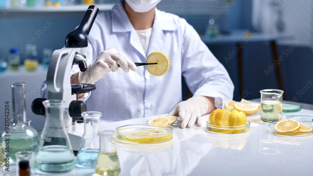 A scientist folds a lemon slice, surrounded by lemon components placed. Minimalist photo for lab or cosmetics experiment in a petri dish on a table with laboratory equipment. A scientist folds a lemon slice, surrounded by lemon components placed. Minimalist photo for lab or cosmetics experiment in a petri dish on a table with laboratory equipment.