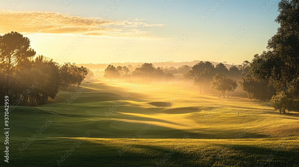 A scenic view of a golf course at sunrise, with the first light casting a golden glow over the landscape A scenic view of a golf course at sunrise, with the first light casting a golden glow over the landscape