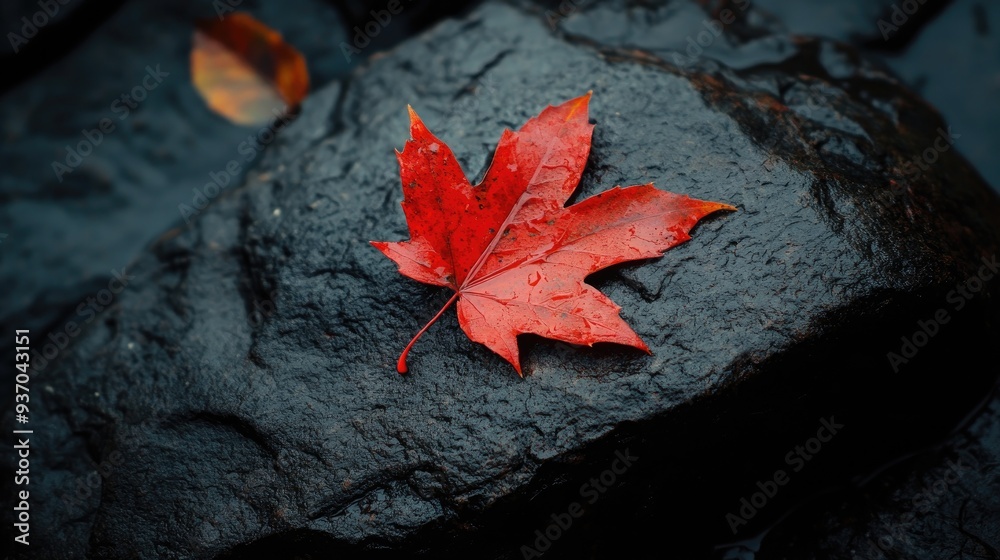 A single, vibrant red leaf resting on a dark, wet rock, capturing the essence of a moody autumn day. A single, vibrant red leaf resting on a dark, wet rock, capturing the essence of a moody autumn day.