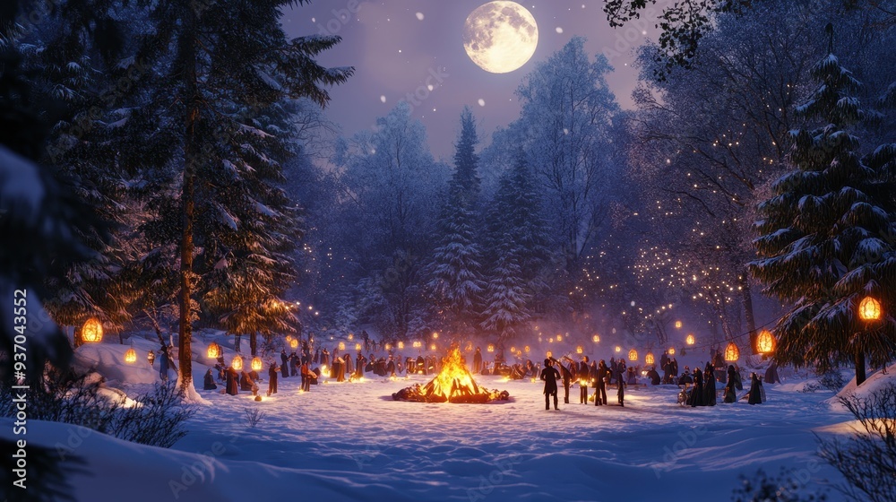 Winter Gathering Around A Bonfire In A Snowy Forest With A Full Moon. Winter Gathering Around A Bonfire In A Snowy Forest With A Full Moon.