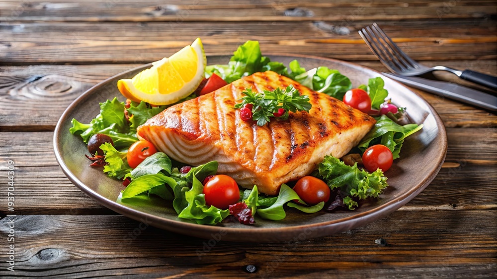 Grilled salmon fillet with fresh salad, lemon, and wooden background Grilled salmon fillet with fresh salad, lemon, and wooden background