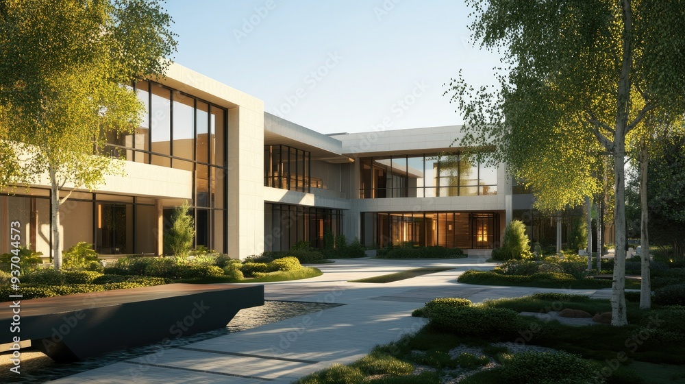 Obraz premium A modern mansion with sleek lines and a spacious courtyard, offering an upscale and sophisticated setting. -
