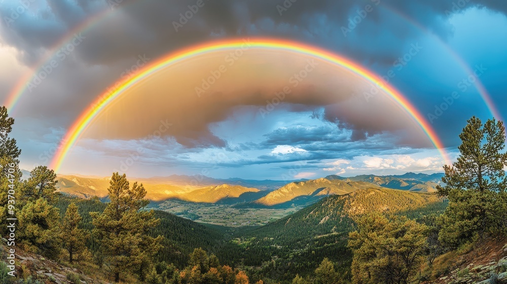 Double Rainbow Over Mountain Valley Landscape.