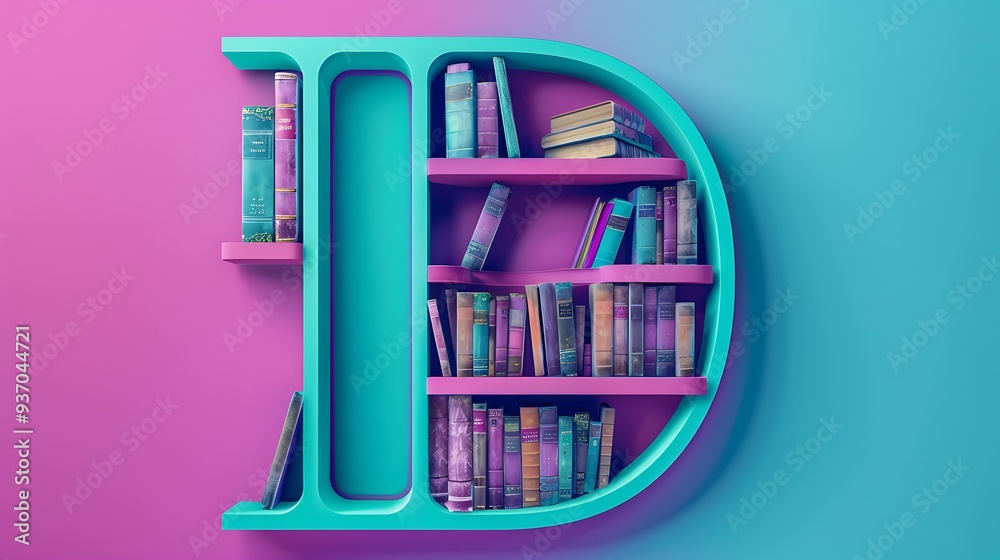 Letter D in the form of shelves with books on teal and magenta background Letter D in the form of shelves with books on teal and magenta background