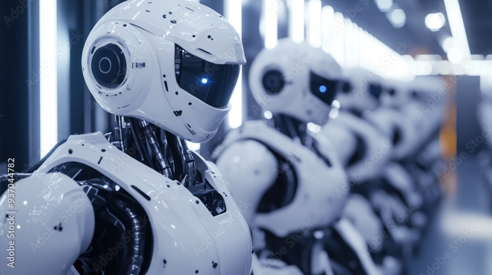 Fototapeta premium Autonomous robots performing complex tasks in a high-tech factory, showcasing the future of manufacturing.