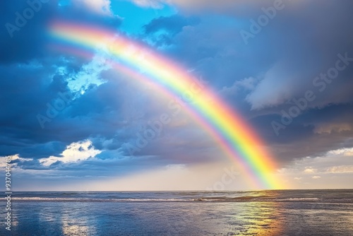 Stunning Rainbow Over the Ocean at Sunset with Dramatic Clouds